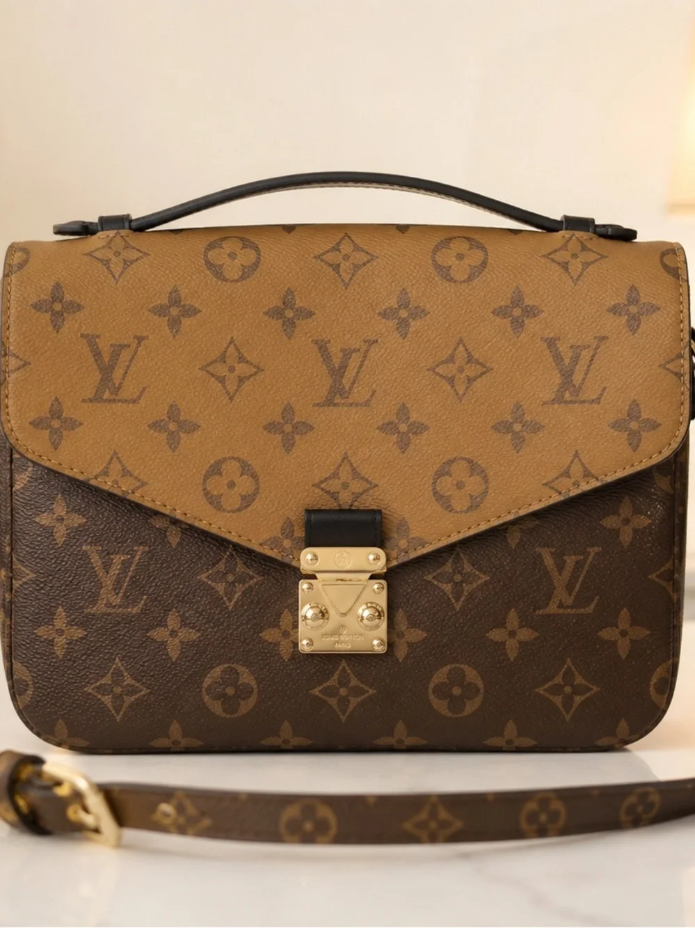 Title: Brown & Tan Monogram Crossbody Shoulder Bag with Gold-Tone Hardware  Styl